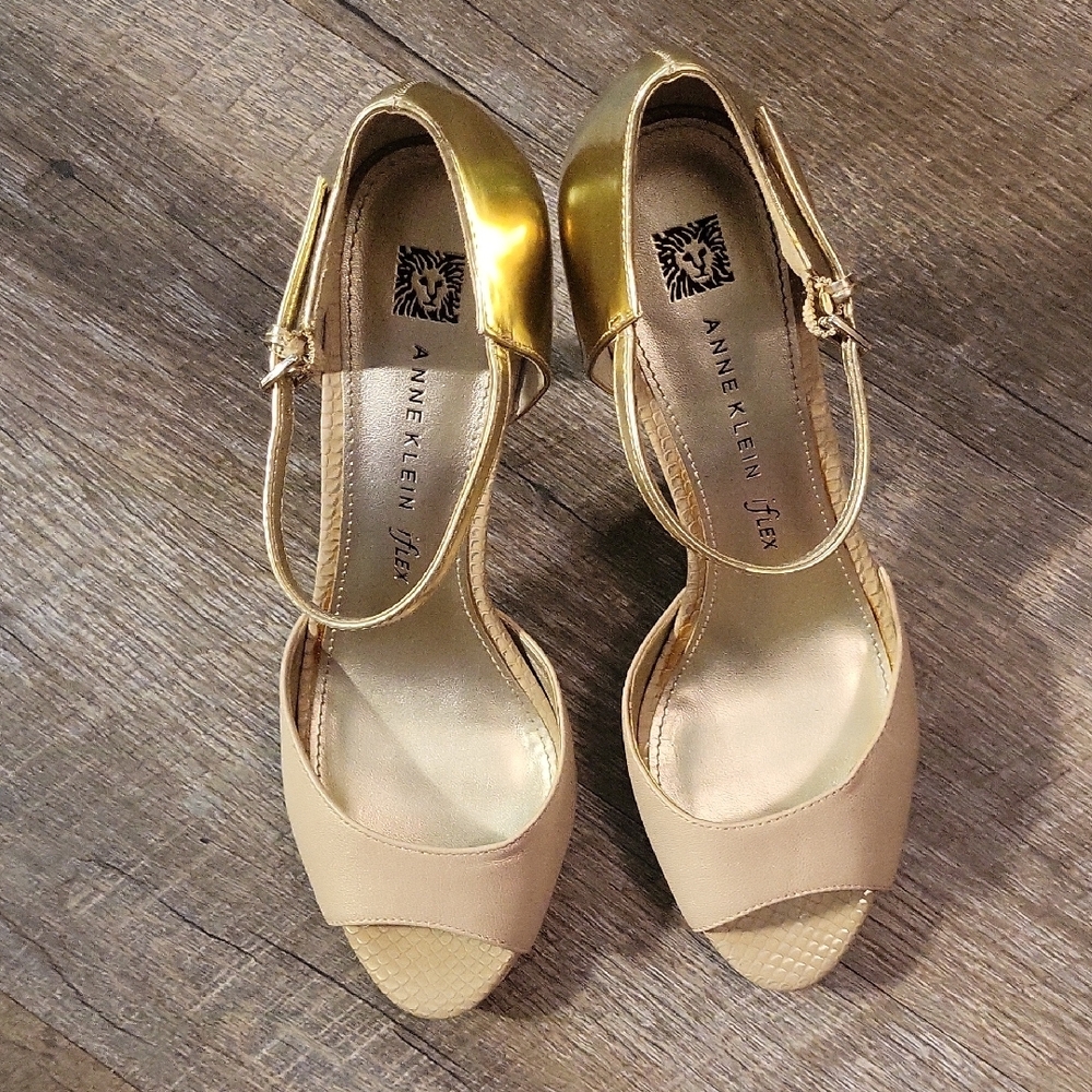 Anne Klein Gold and Cream Peep-Toe Heels - Picture 3 of 8